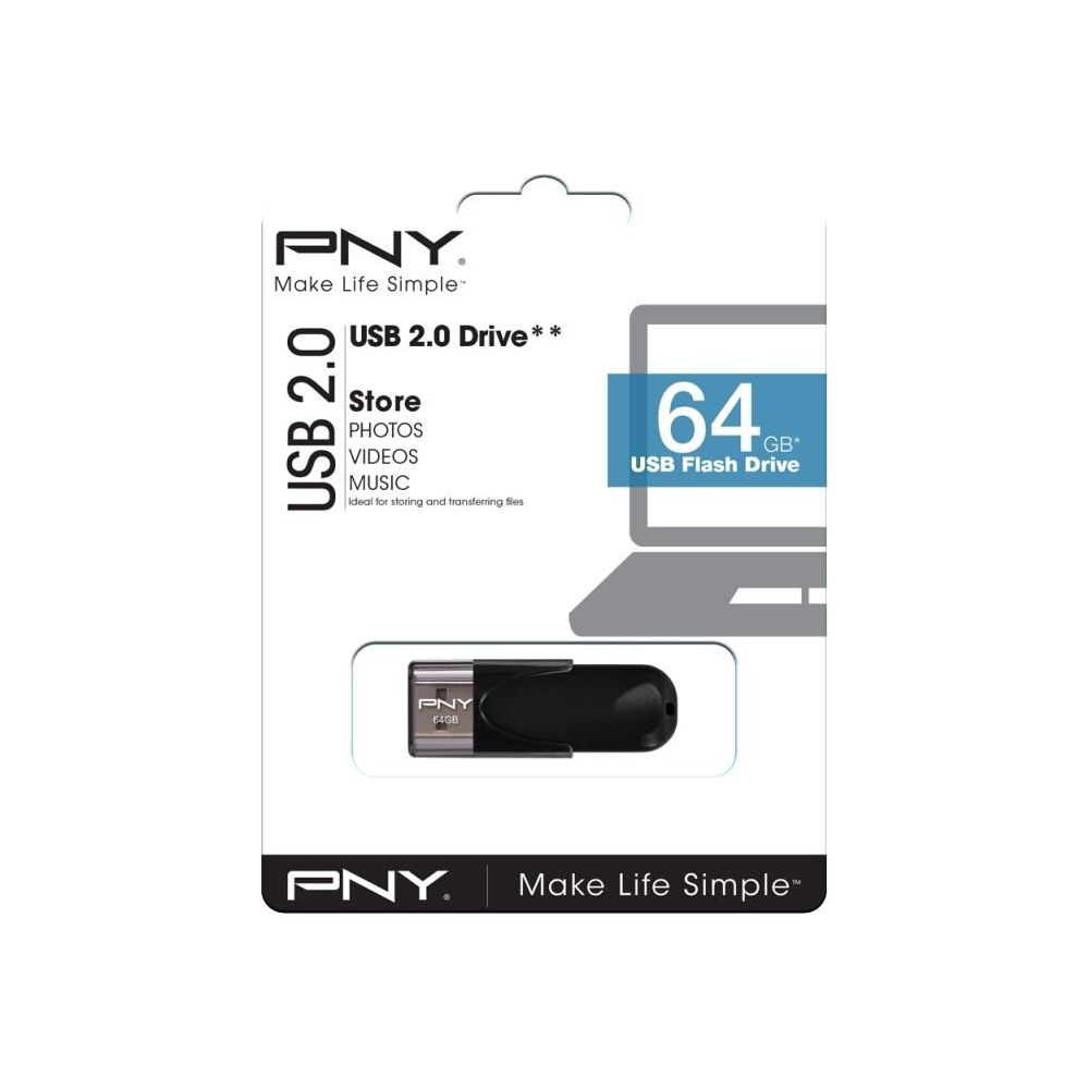 Opakowanie czarnego pendrive'a PNY USB 2.0 64GB z grafiką laptopa.