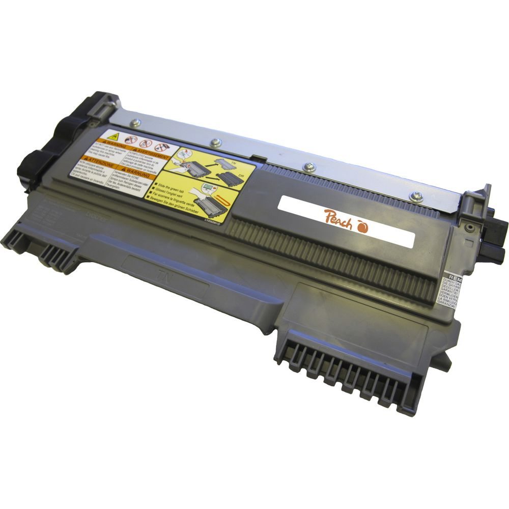 Szara kaseta z tonerem z żółtymi i białymi etykietami ostrzegawczymi i logo Peach.