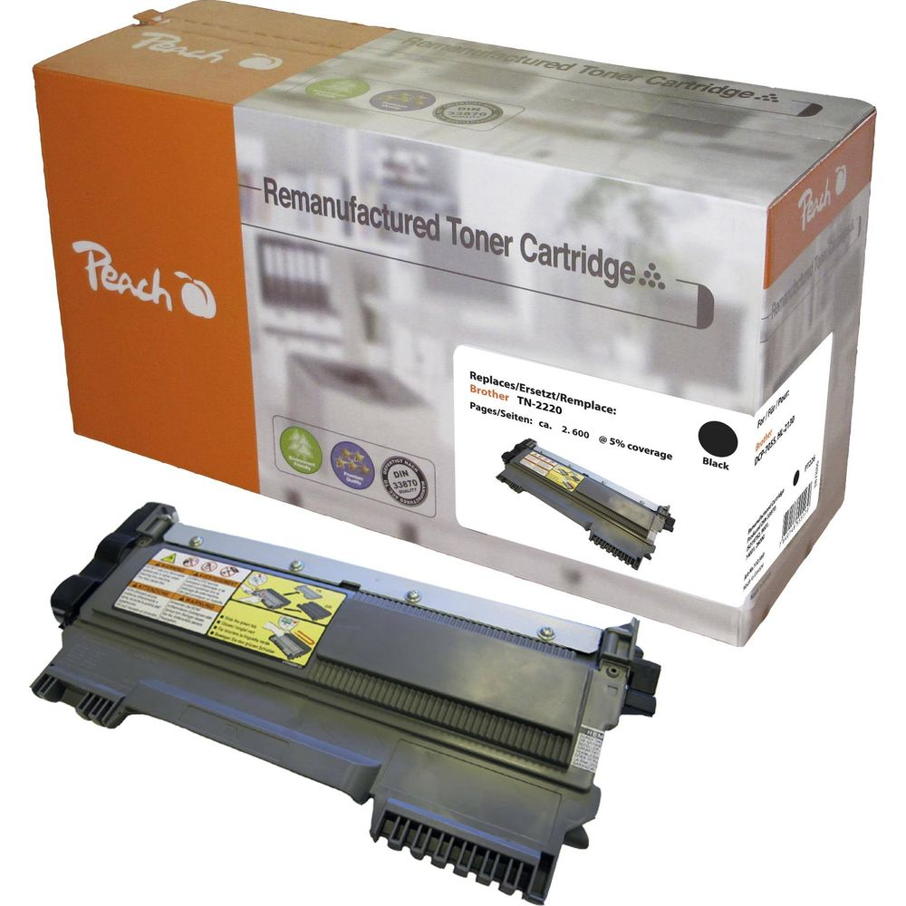 Zregenerowany czarny toner Peach obok pudełka.