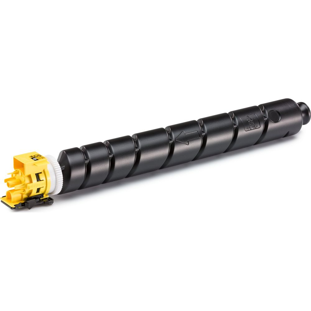 Zwarte tonercartridge met gele connectorcomponent, op witte achtergrond.