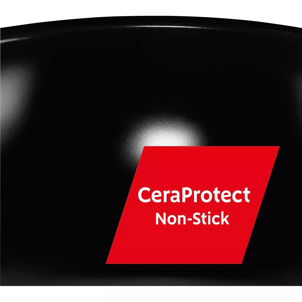 Schwarze Pfanne mit rotem Quadrat, das CeraProtect Non-Stick anzeigt.