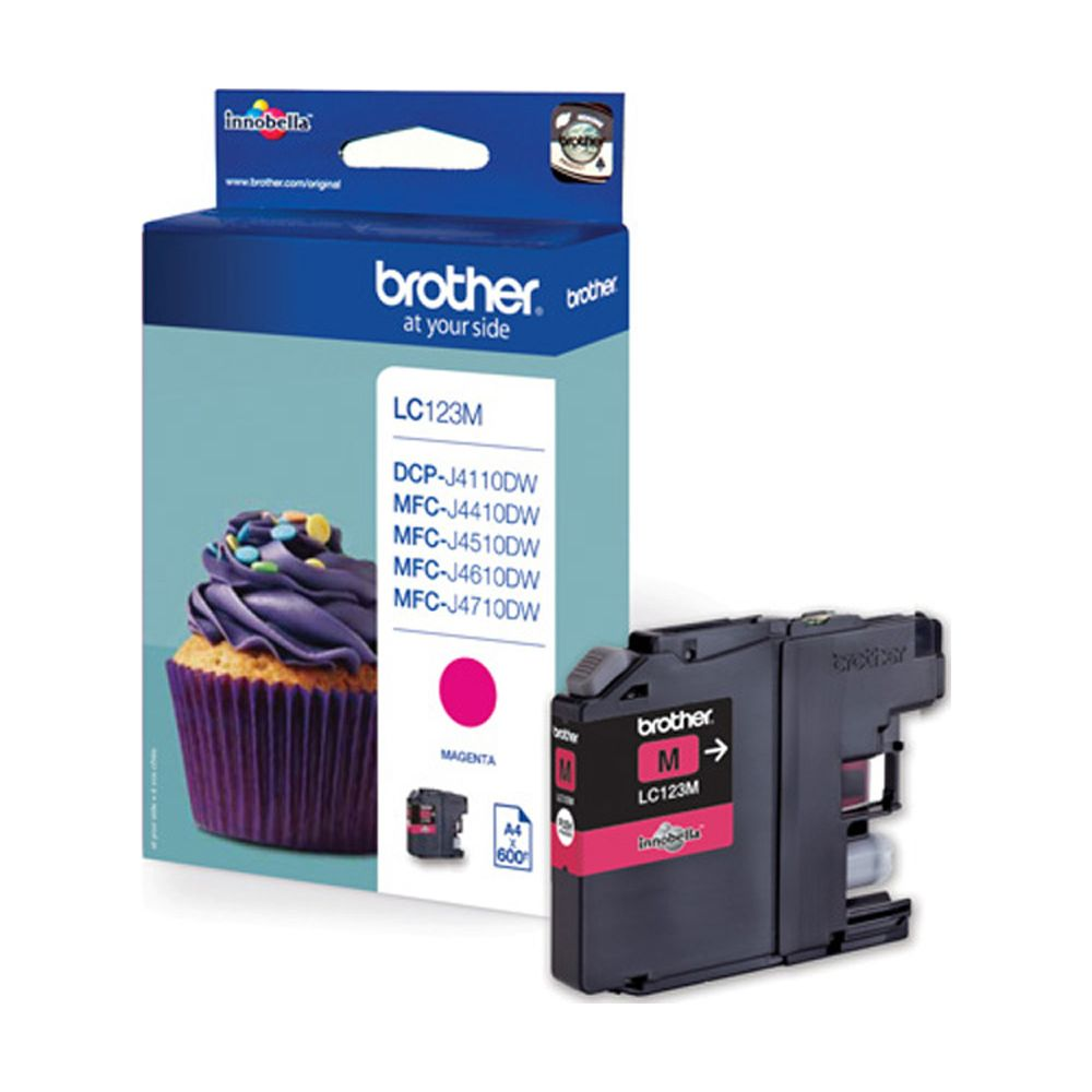 Brother LC123M Magenta ink cartridge packaging and cartridge.