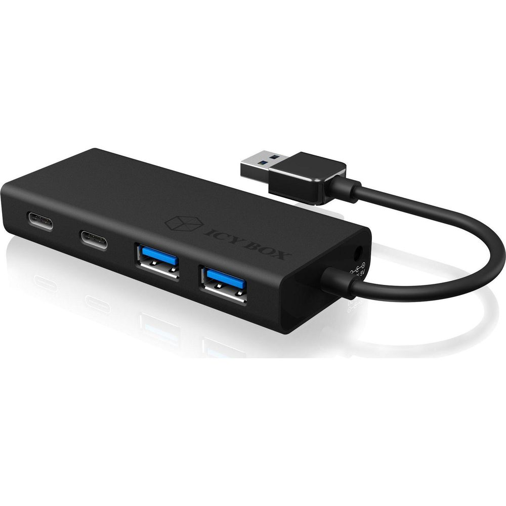 Zwarte USB-C hub met twee USB-A poorten en één USB-C poort.
