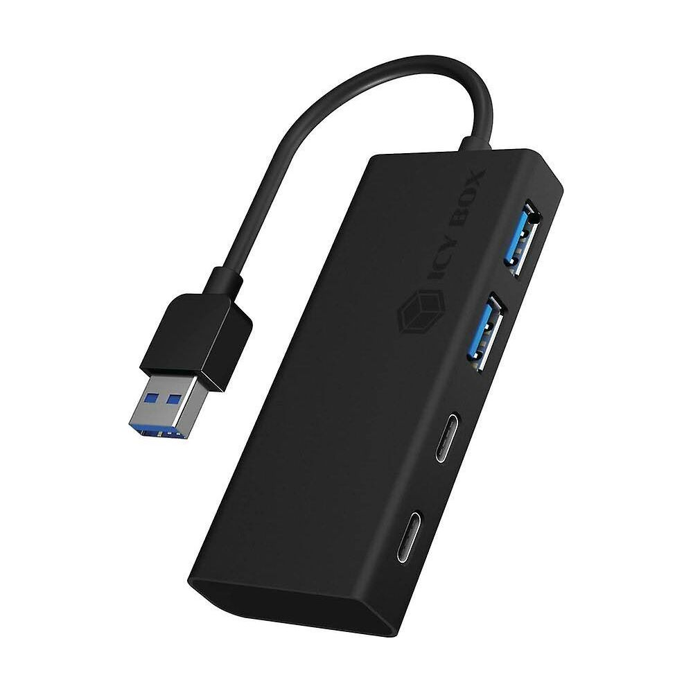 Zwarte USB-hub met ICY BOX logo, drie USB-poorten en kabel.