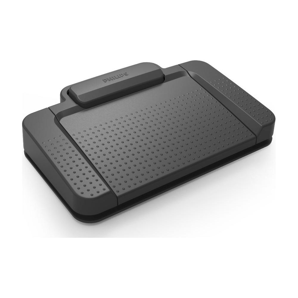 Ein schwarzes Philips Fußpedal mit einer gummierten Oberfläche und einem erhöhten Griff.