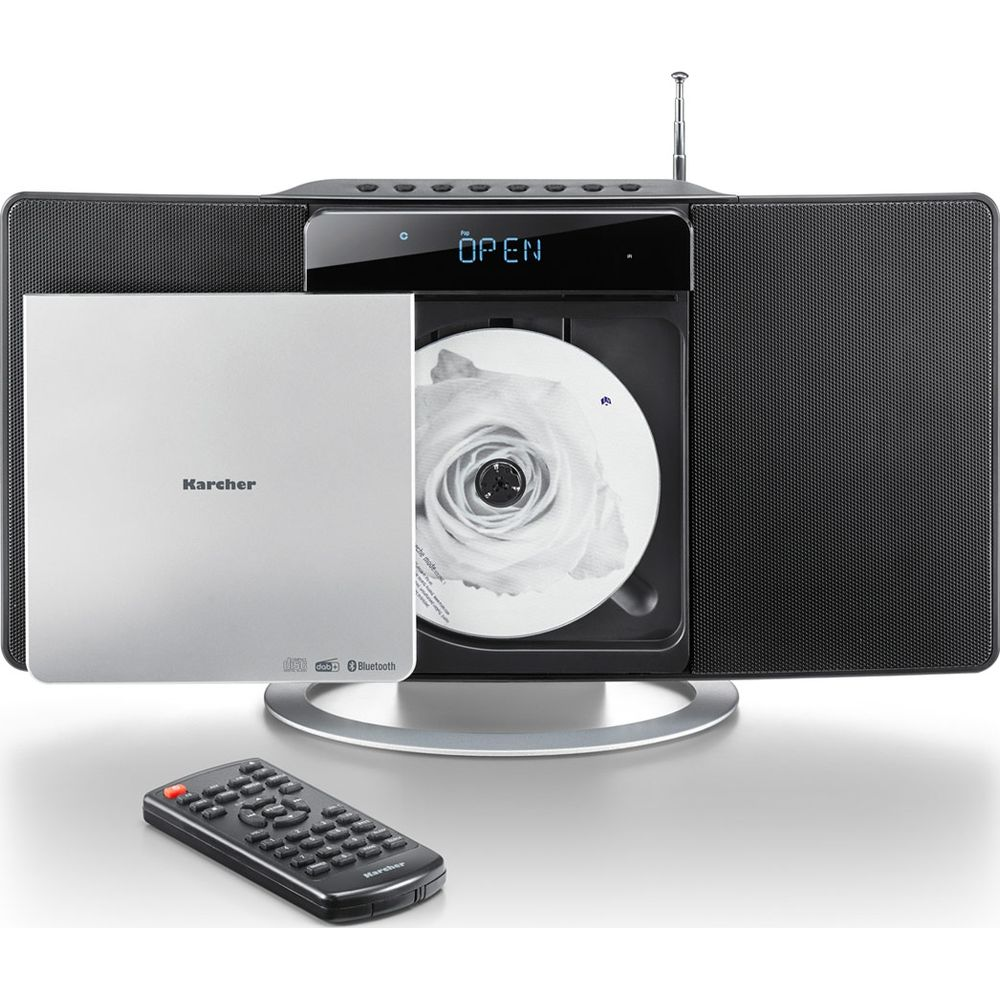 Silbernes Kärcher CD-Radio mit offenem CD-Fach, gezeigter CD und Fernbedienung.