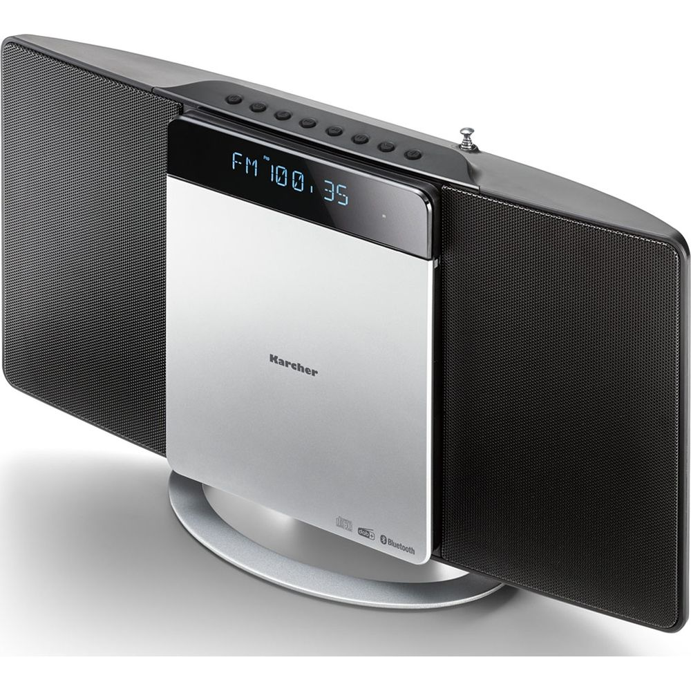 Ein silberner Kärcher CD-Player mit FM-Radio und Bluetooth-Funktion.