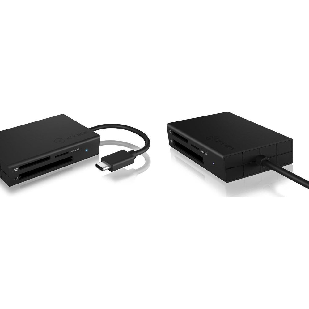 Zwei schwarze Kartenleser mit USB-C-Anschluss auf weißem Hintergrund.