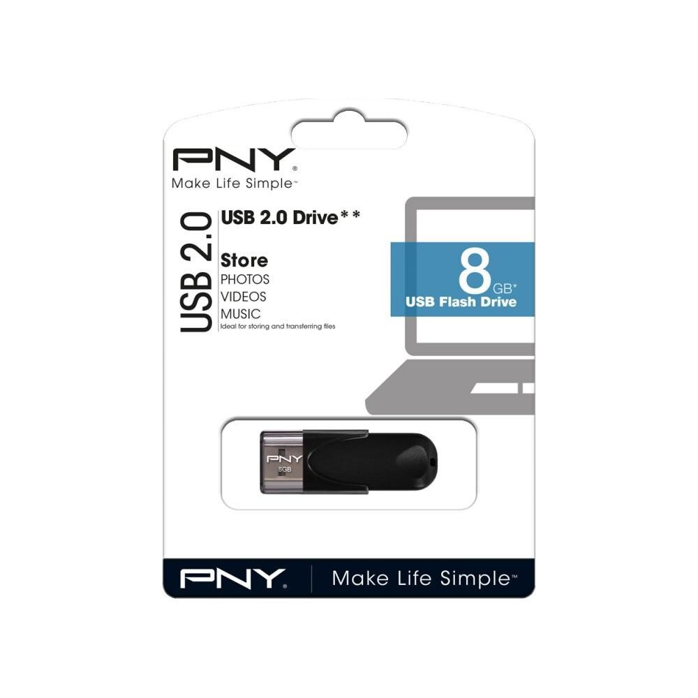 Pendrive PNY 8GB USB 2.0 w białym opakowaniu z obrazkiem produktu.