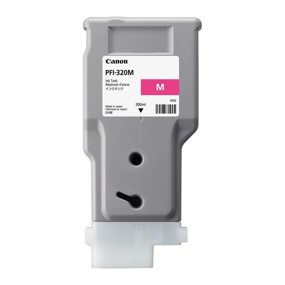 Réservoir d'encre Canon gris PFI-320M avec 'M' rose et code-barres.