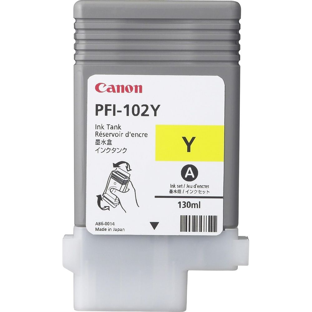 Gray Canon PFI-102Y ink tank, yellow, 130ml, with instructions.