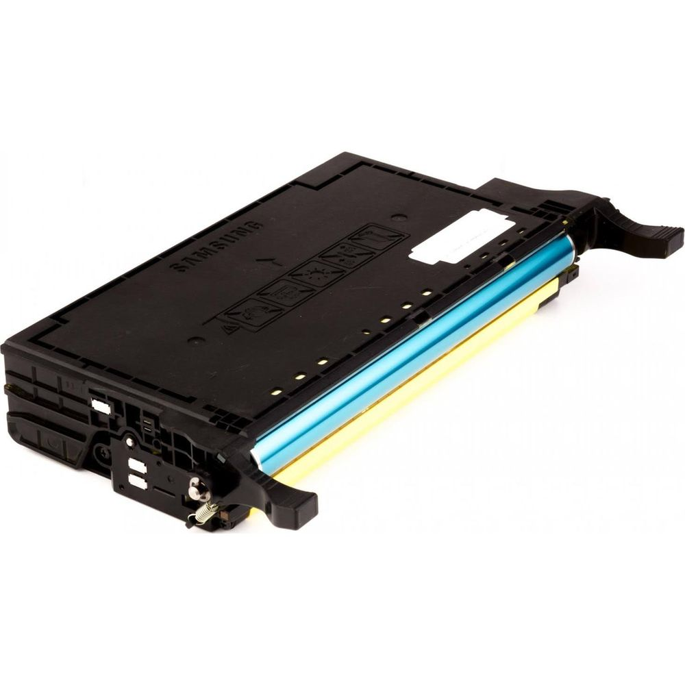 Cartuccia toner Samsung nera con rullo blu e giallo su sfondo bianco.