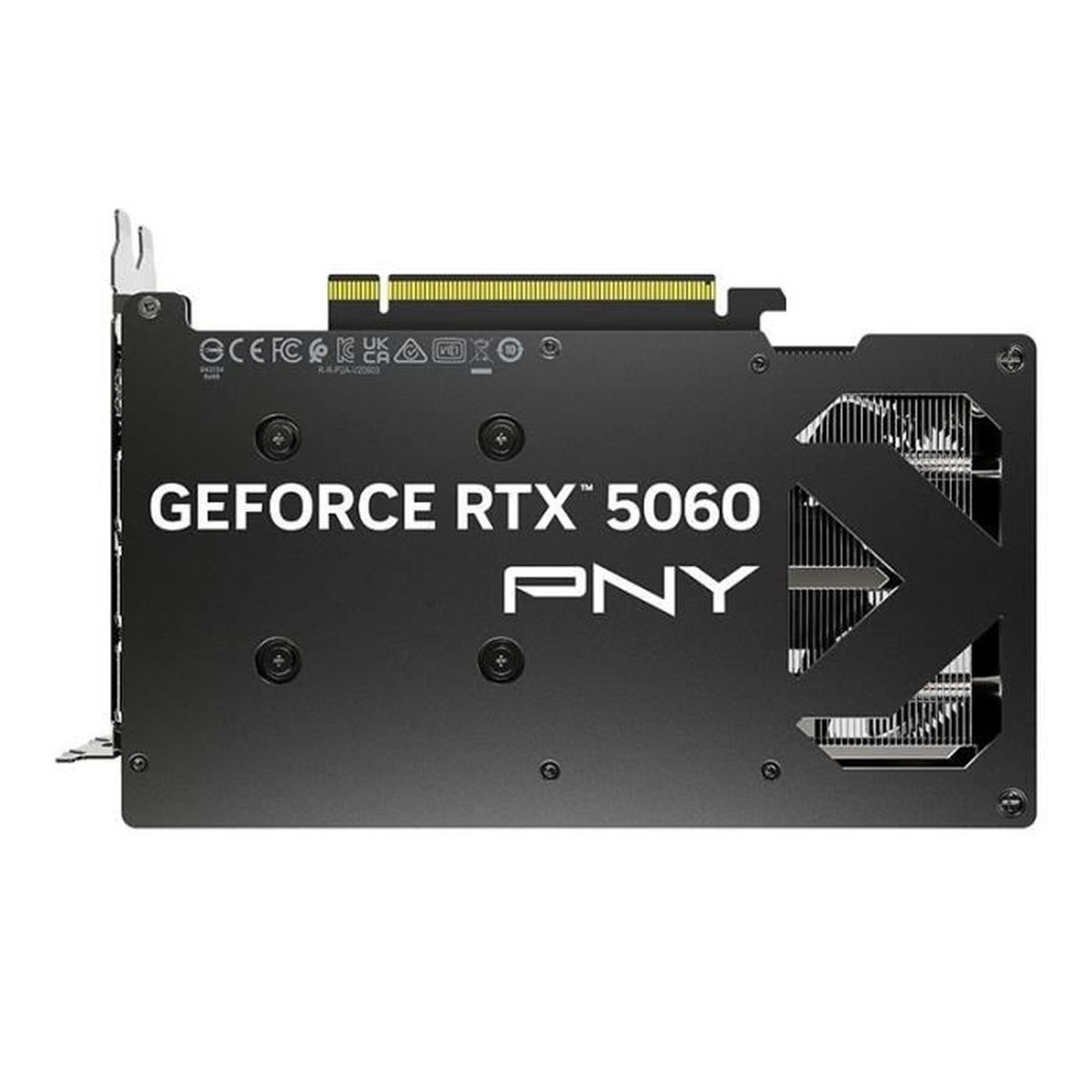 Schwarze Grafikkarte mit GEFORCE RTX 5060 PNY Schriftzug und Lüftern.
