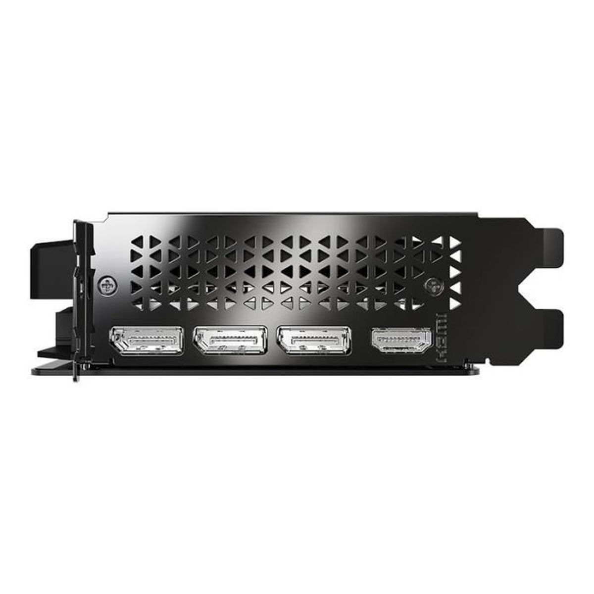 Rückseite einer Grafikkarte mit drei DisplayPort- und einem HDMI-Anschluss.
