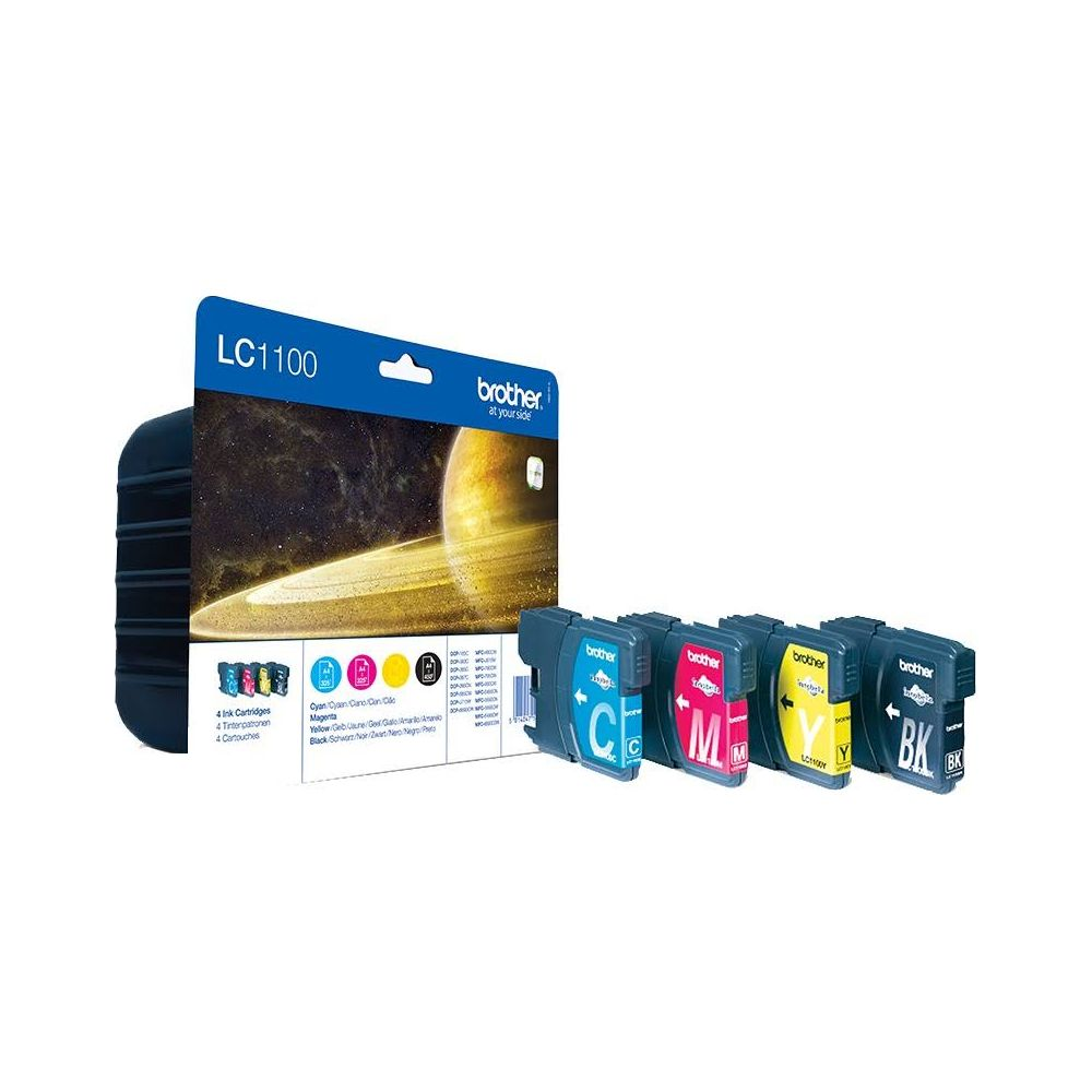 Vier Brother LC1100 inktcartridges in cyaan, magenta, geel en zwart.