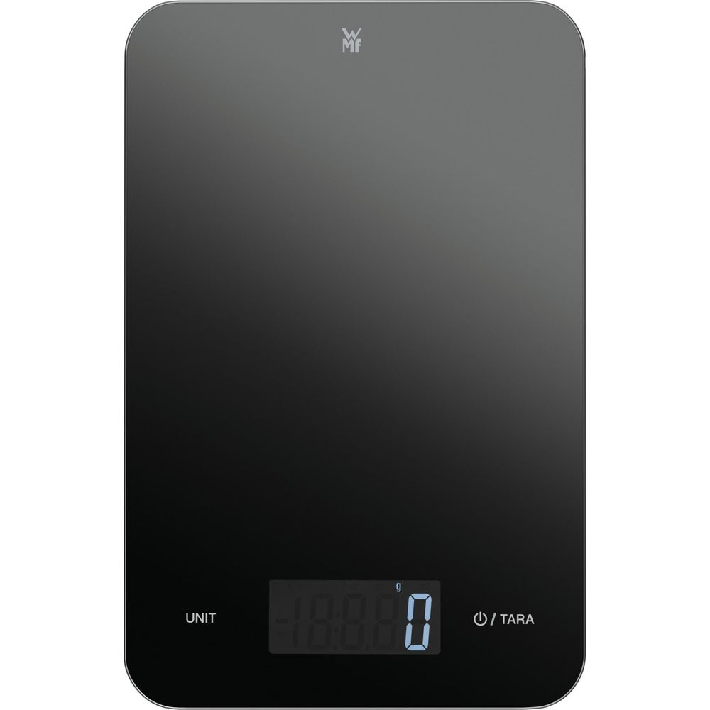 Schwarze digitale Küchenwaage mit beleuchtetem Display und silbernem Logo.