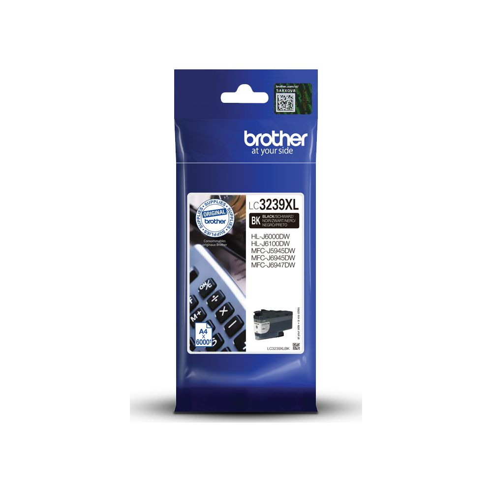 Packaging for a black Brother LC3239XL ink cartridge with product information.