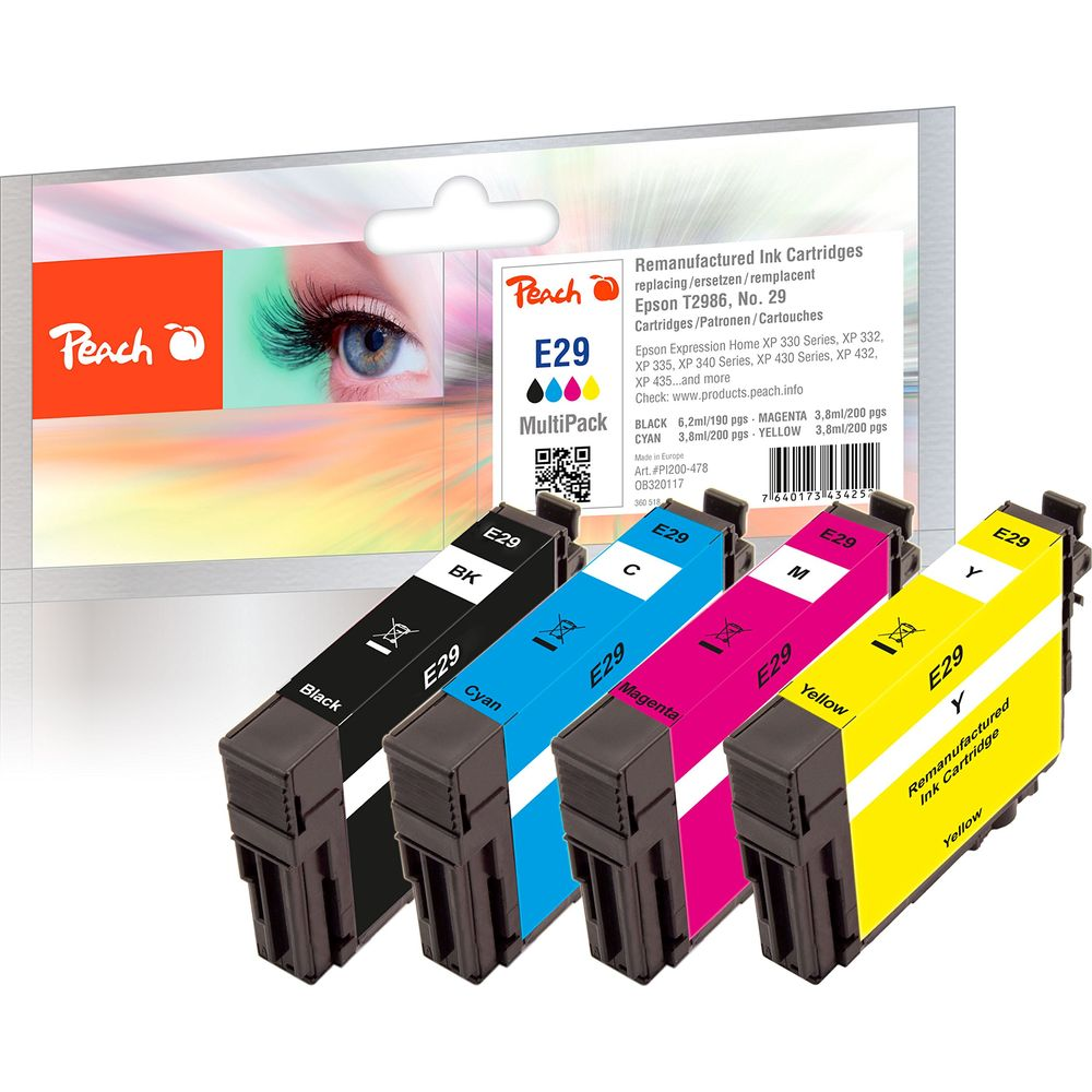 Vier Peach T2986 inktcartridges: Zwart, Cyaan, Magenta, Geel.