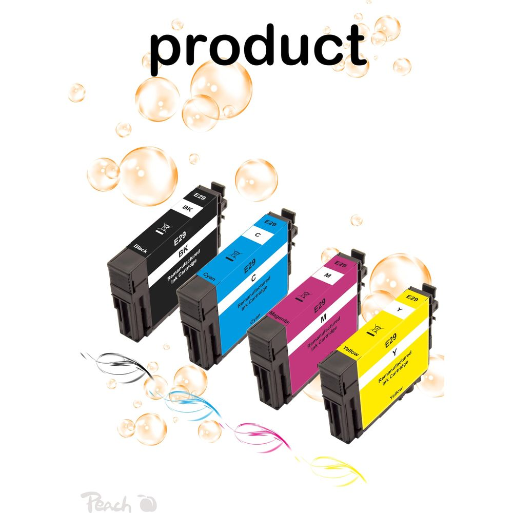 Vier inktcartridges: Zwart, Cyaan, Magenta, Geel. Op een rij geplaatst.