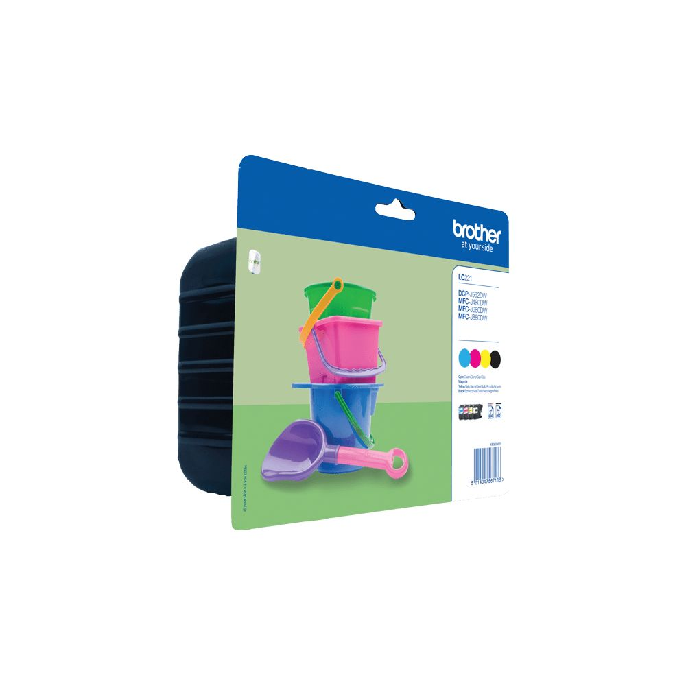 Niebieskie wiaderko z ułożonymi na nim różowym i zielonym wiaderkiem, plus łopatka.