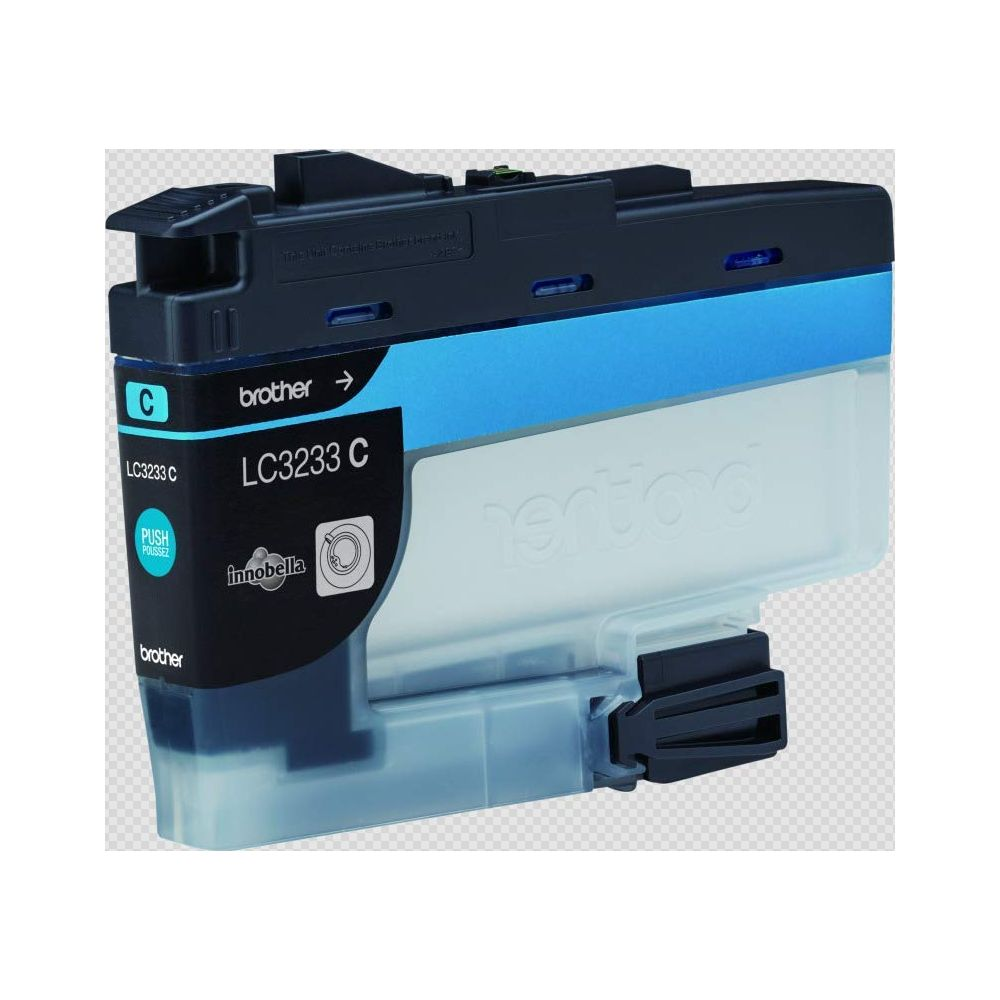 Niebieski tusz Brother LC3233C z naklejką "Push Poussez".