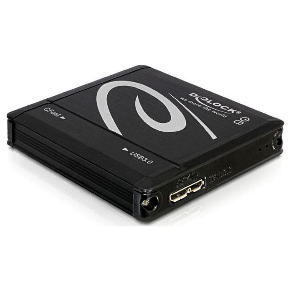 Schwarzes CFast-zu-USB-3.0-Gehäuse mit DeLOK-Logo und Beschriftungen.