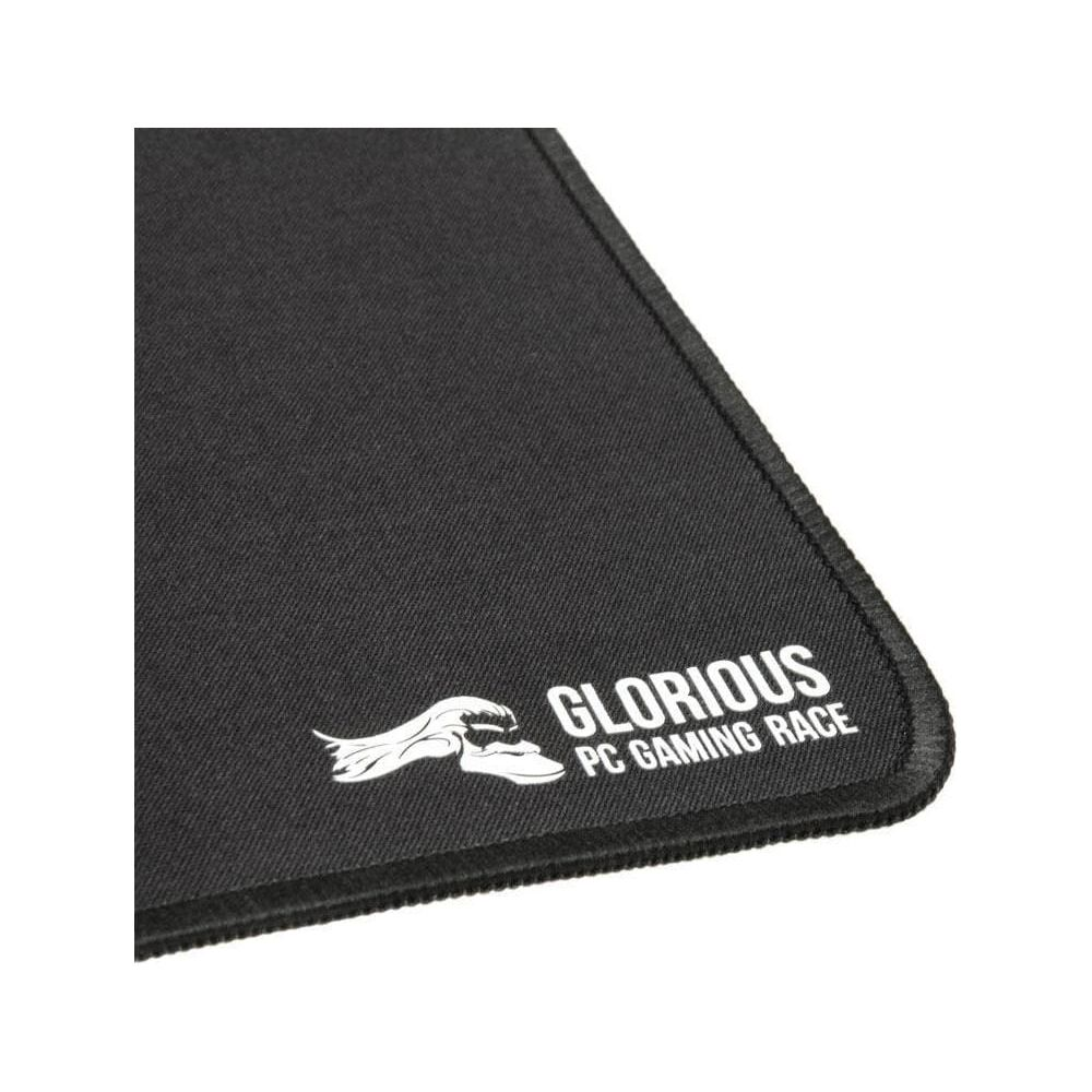 Tapis de souris noir avec logo blanc Glorious PC Gaming Race et griffon stylisé.