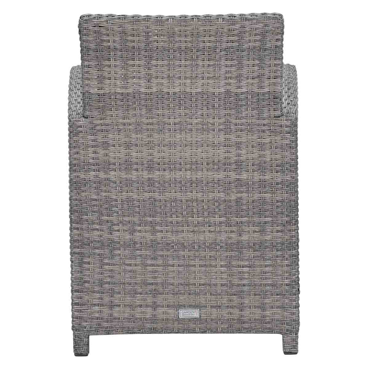 Grijze rattan lounger van bovenaf gezien, met armleuningen en poten.