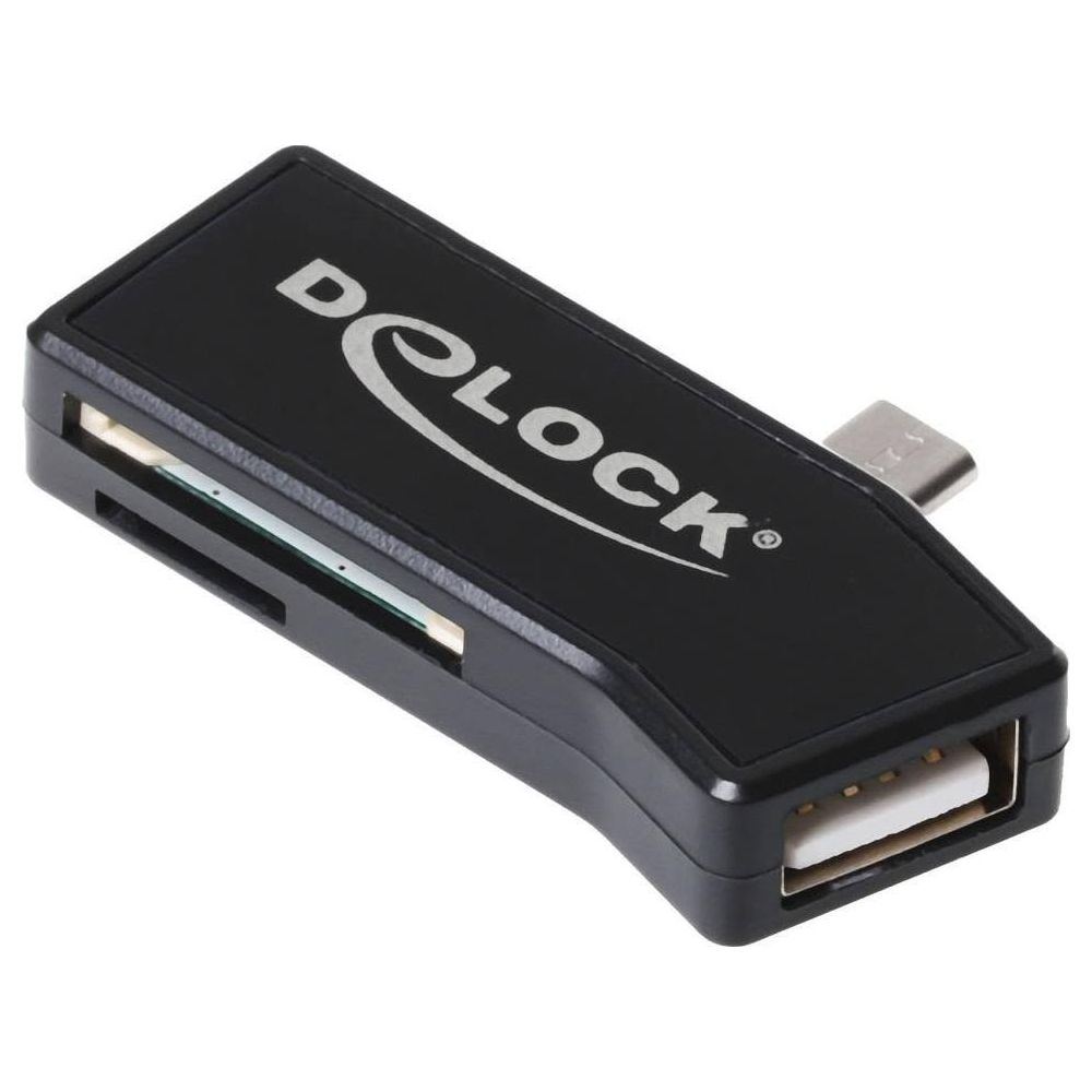 Schwarzer Kartenleser mit USB-A-Anschluss, SD-Kartenslots und USB-C-Stecker.