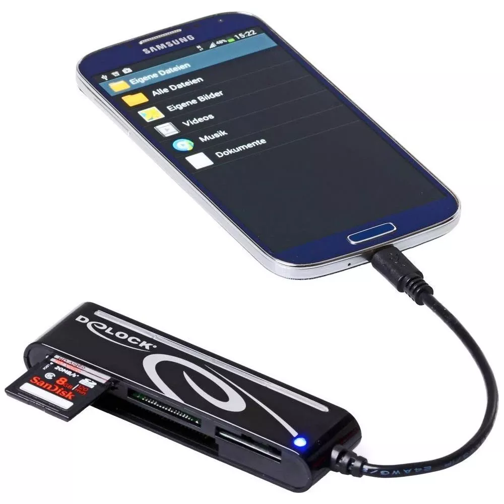 Ein Samsung-Smartphone mit einem Dolock-Kartenleser, der über USB verbunden ist.