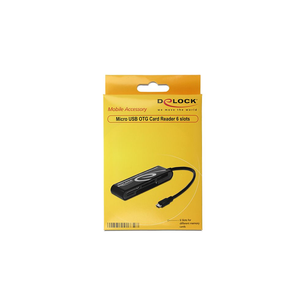 Verpackung eines Delock Micro USB OTG Kartenlesegeräts mit 6 Steckplätzen.