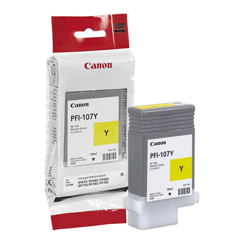 Canon PFI-107Y sarı mürekkep tankı, paketlenmiş ve ayrı, ImagePROGRAF yazıcılar için.