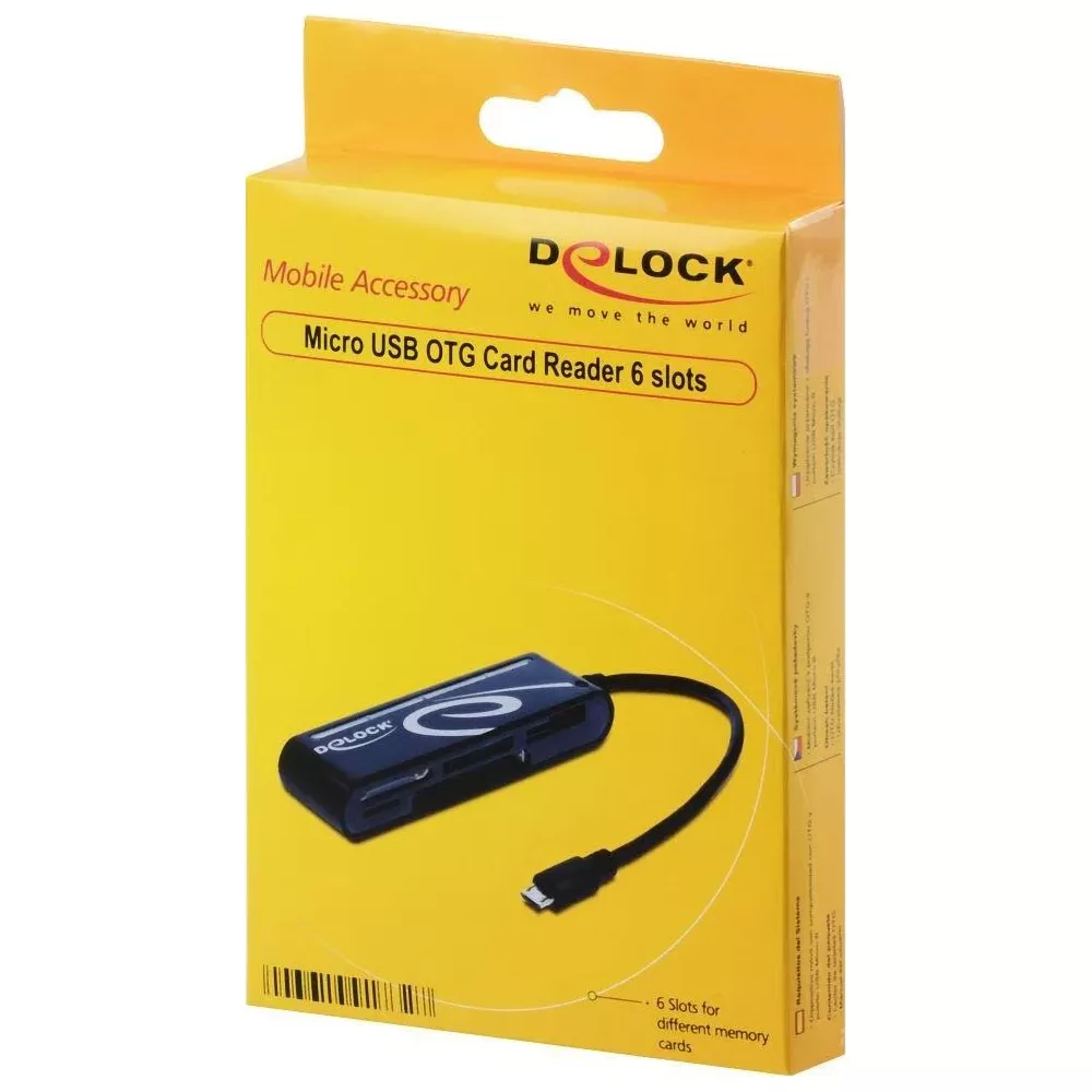 Verpackung eines Delock Micro USB OTG Kartenlesers mit 6 Steckplätzen.