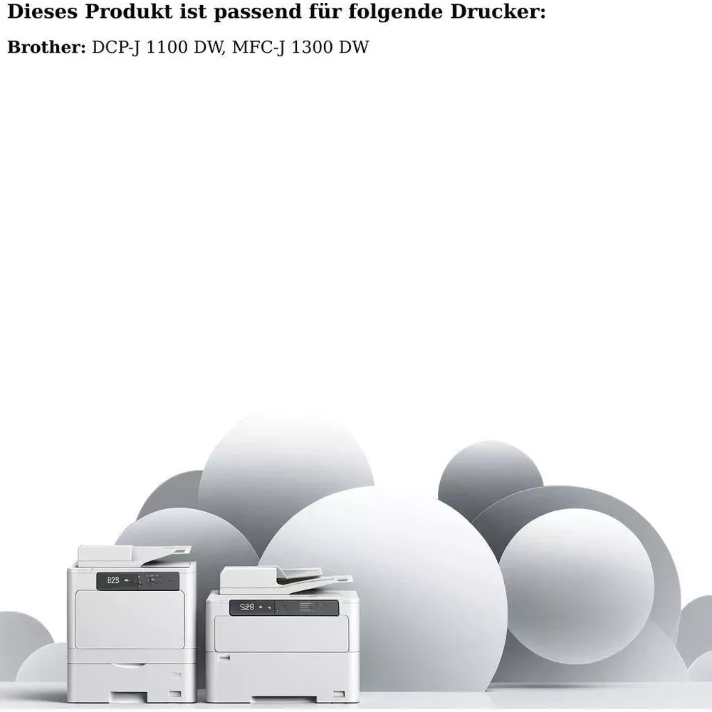 Dwa białe drukarki Brother przed abstrakcyjnymi białymi i szarymi kołami.