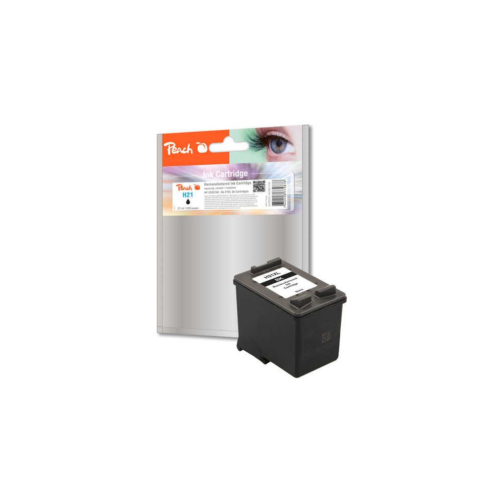 Cartuccia d'inchiostro nera con logo Peach H21 e confezione.