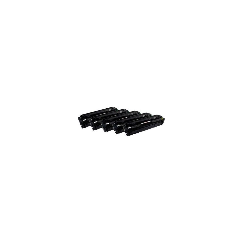 Cinq cartouches de toner noires sont couchées côte à côte sur fond blanc.