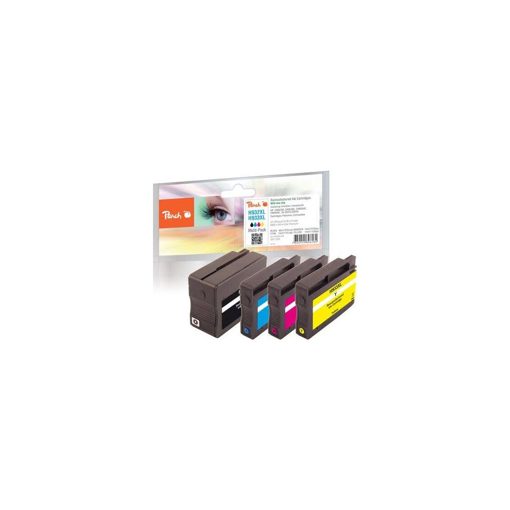 Cztery wkłady atramentowe Peach: czarny, cyjan, magenta i żółty, w opakowaniu.