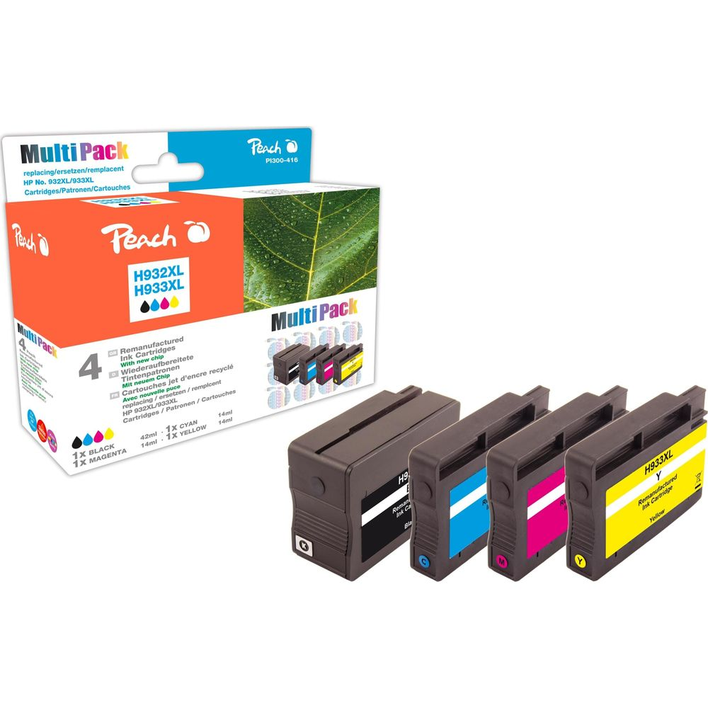 Multipack Peach z czterema regenerowanymi wkładami atramentowymi: czarny, cyjan, magenta, żółty.