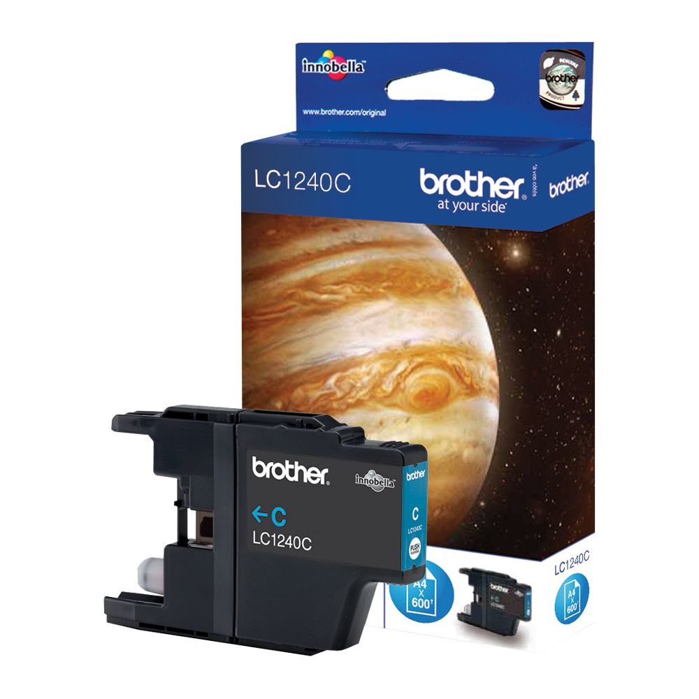 Een Brother LC1240C inktcartridge voor een doos met Jupiter-afbeelding.