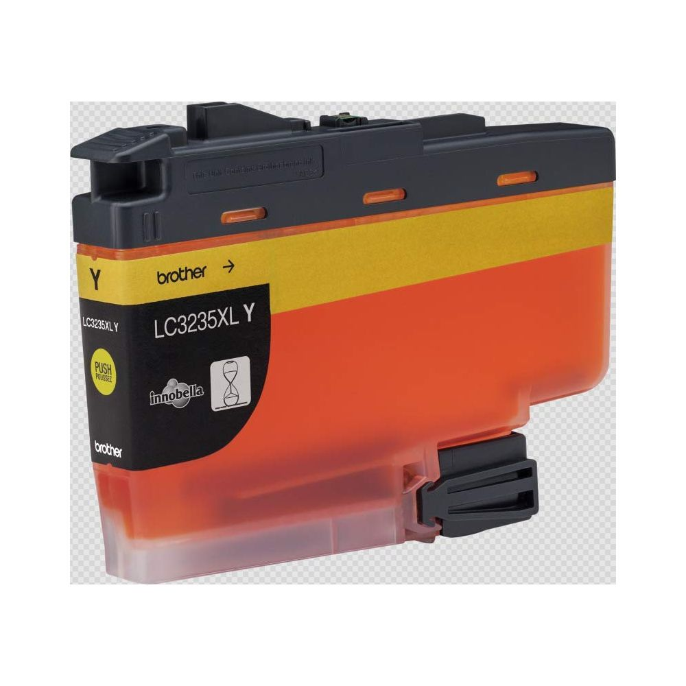 Pomarańczowy tusz do drukarki z żółtym paskiem i marką Brother.