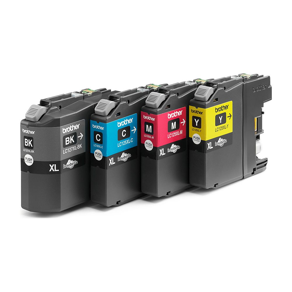 Vier Brother inktcartridges: zwart, cyaan, magenta en geel, naast elkaar.