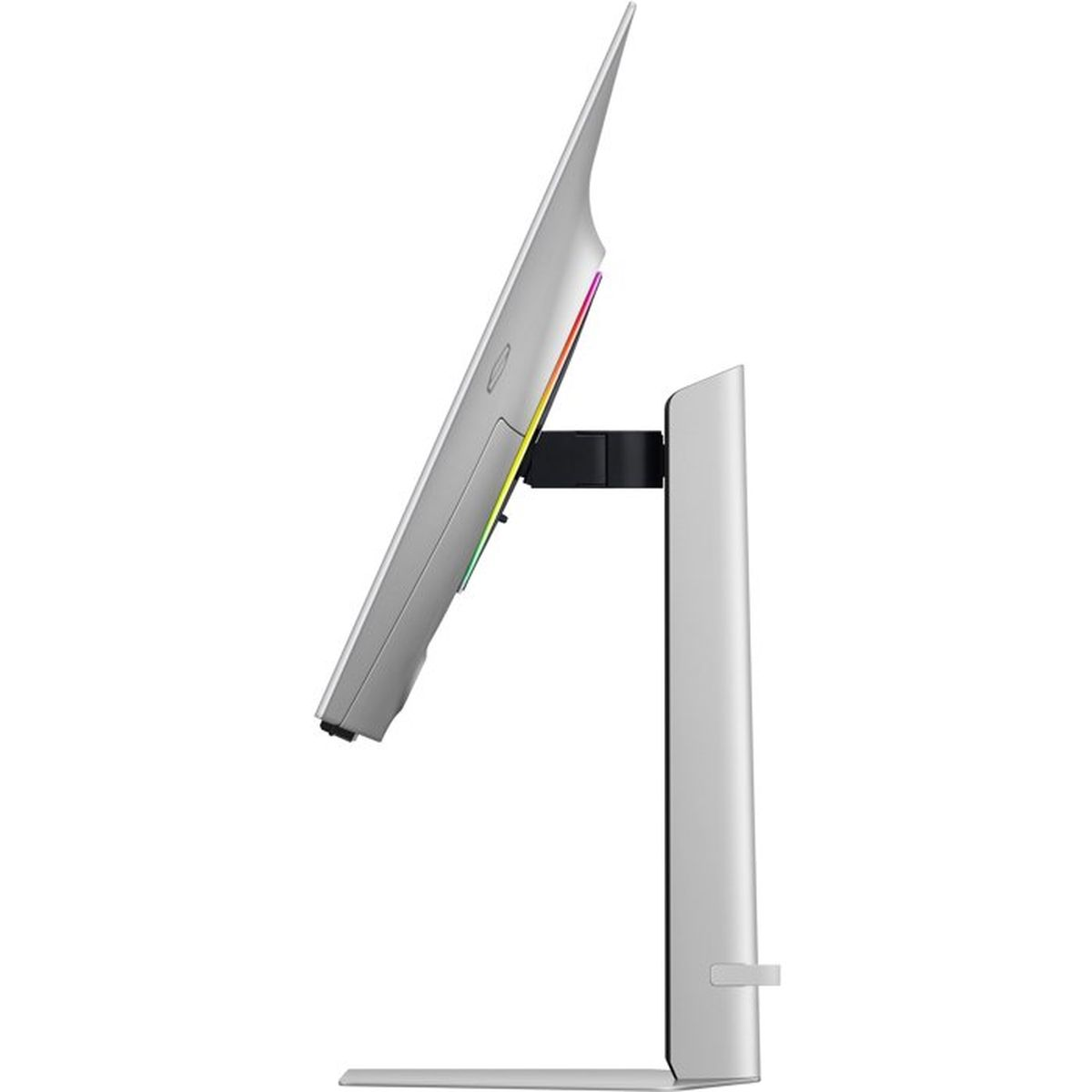 Srebrny monitor z oświetleniem RGB i elegancką podstawą.