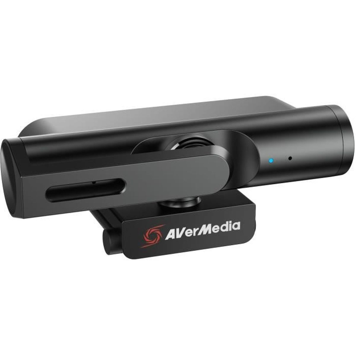 Zwarte AVerMedia webcam met microfoon en blauw indicatielampje.