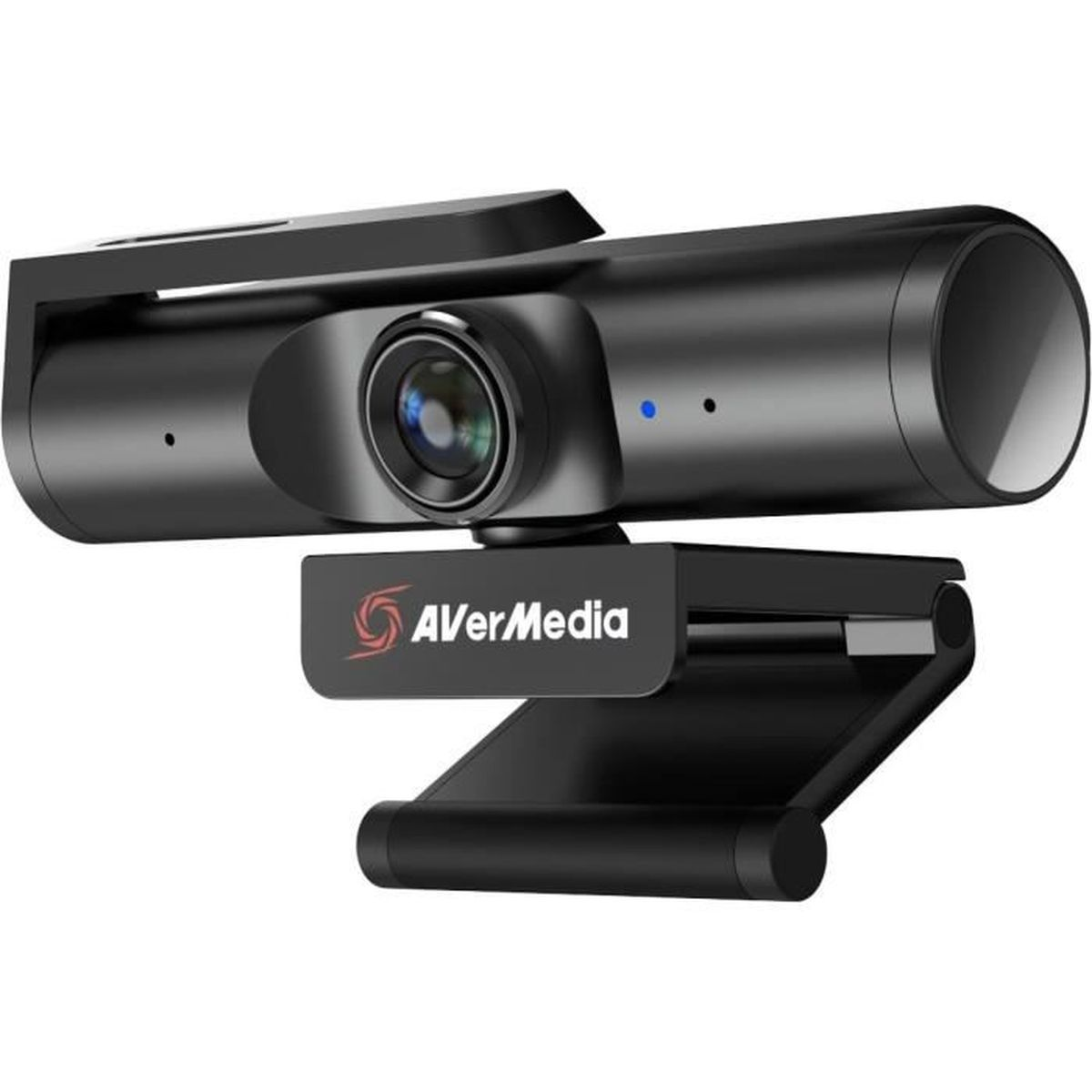 Zwarte webcam met AVerMedia-logo en ingebouwde microfoon.