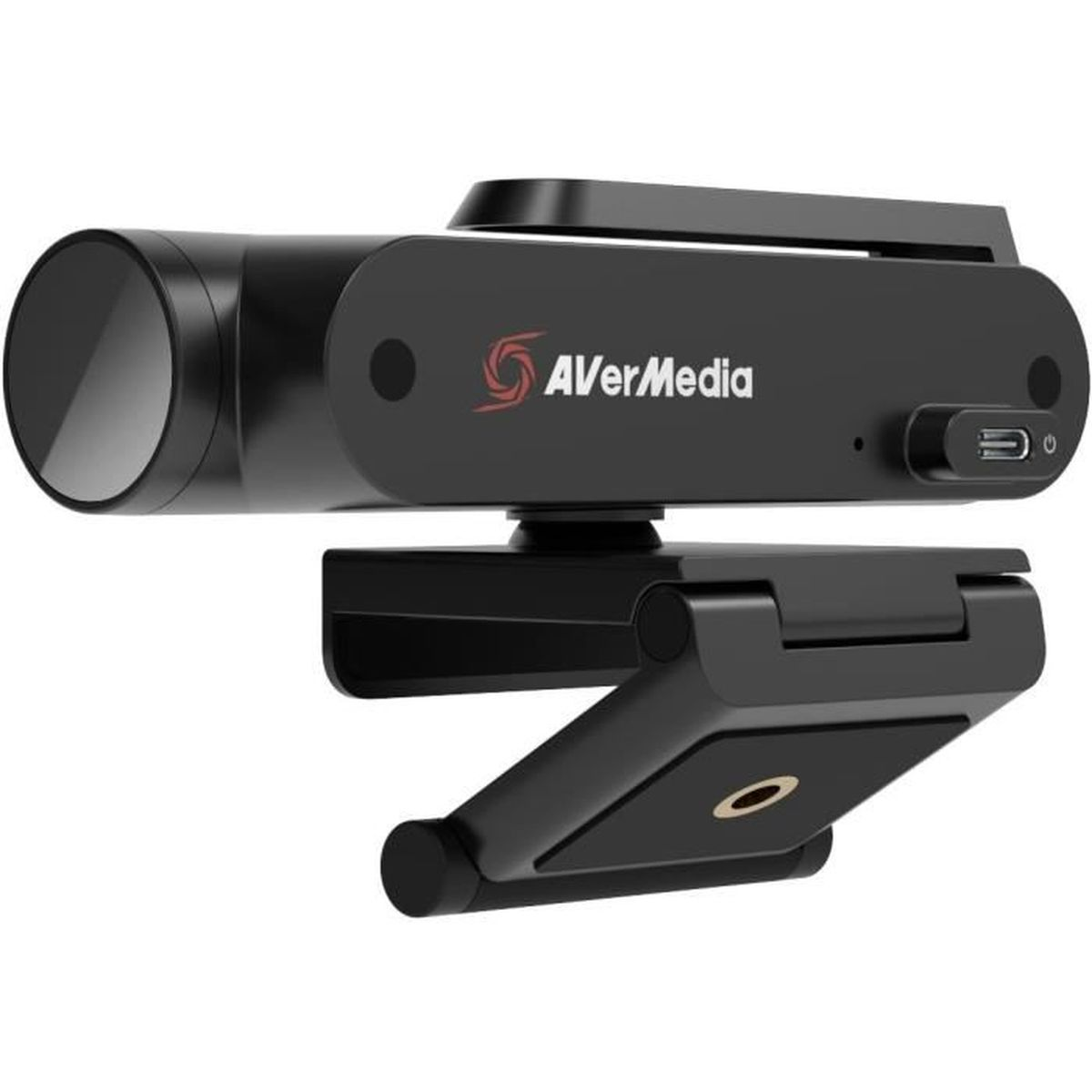 Zwarte AverMedia webcam met USB-C poort en verstelbare standaard.