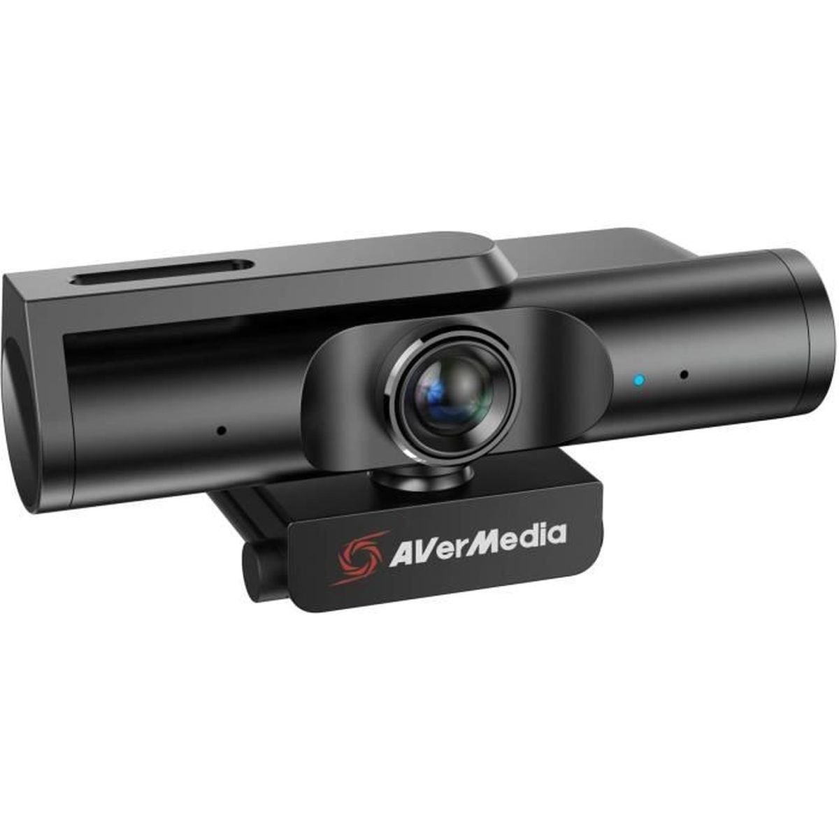 Zwarte webcam met AverMedia logo. Blauwe LED brandt.