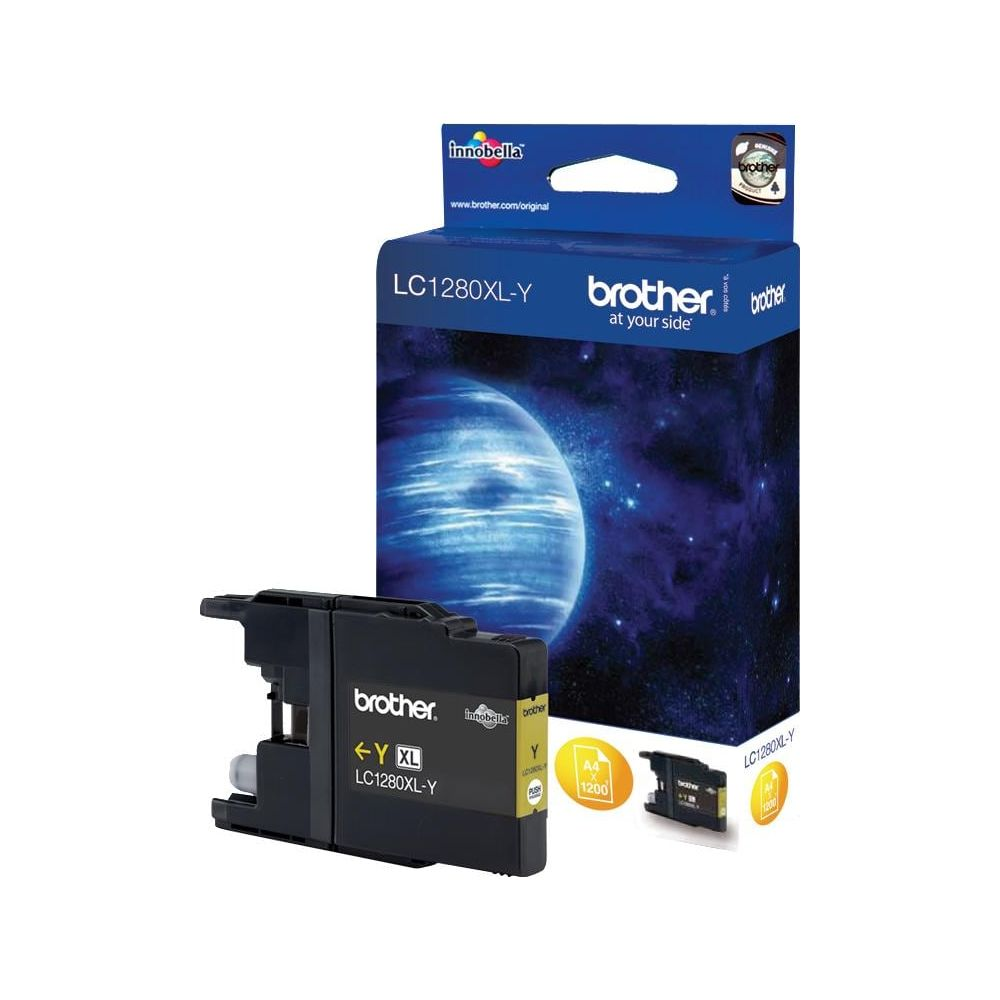 Brother LC1280XL-Y gelbe Tintenpatrone und Box mit Planetenbild.