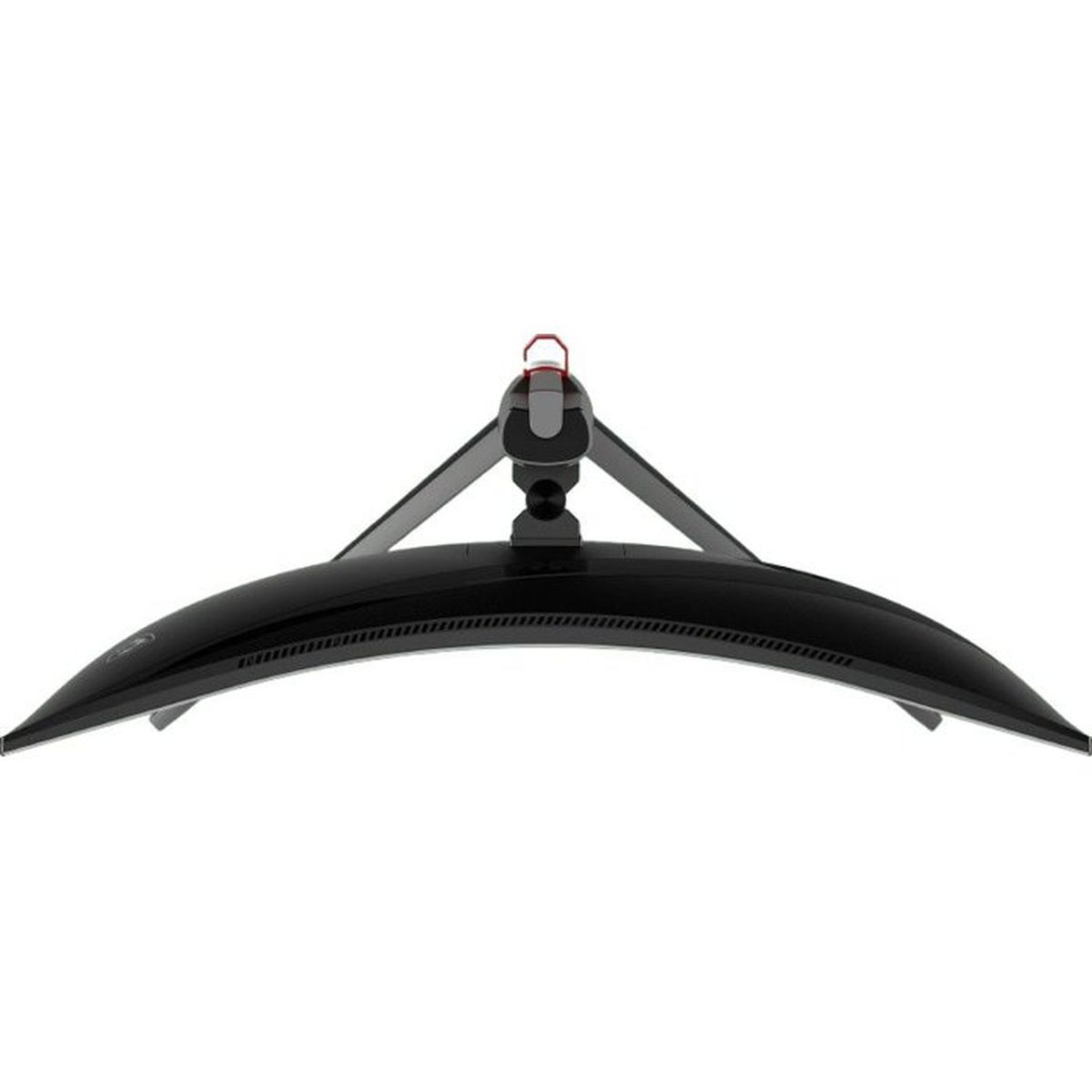 Widok z góry zakrzywionego czarnego monitora ze srebrnym stojakiem.