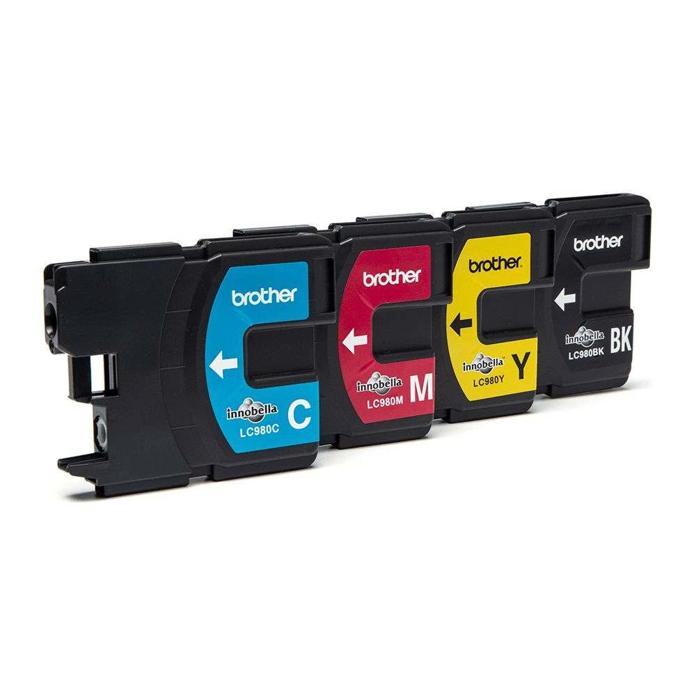 Cztery wkłady atramentowe Brother: cyjan, magenta, żółty i czarny, obok siebie.