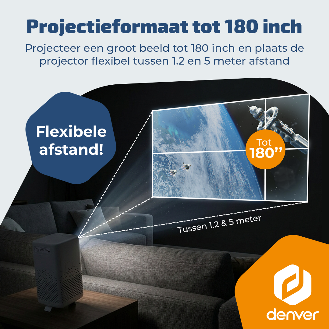 Un projecteur projette une image de 180 pouces sur un mur. Distance flexible.